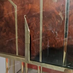 Natural Wood Veneer Tall Sideboard with Gold-Tone Stainless Steel Inlays, Glass Shelf and Geometric Open-Frame Base